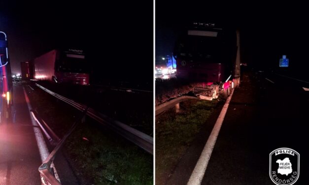 Borzalom az M7-esen: szalagkorlátnak csapódott egy tehergépkocsi, majd a szemközti oldalon állt meg – Fotó a helyszínről